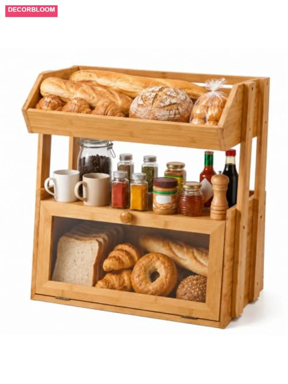 3-Tier Bamboo Bread Box with Fruit Basket for Kitchen Countertop Storage